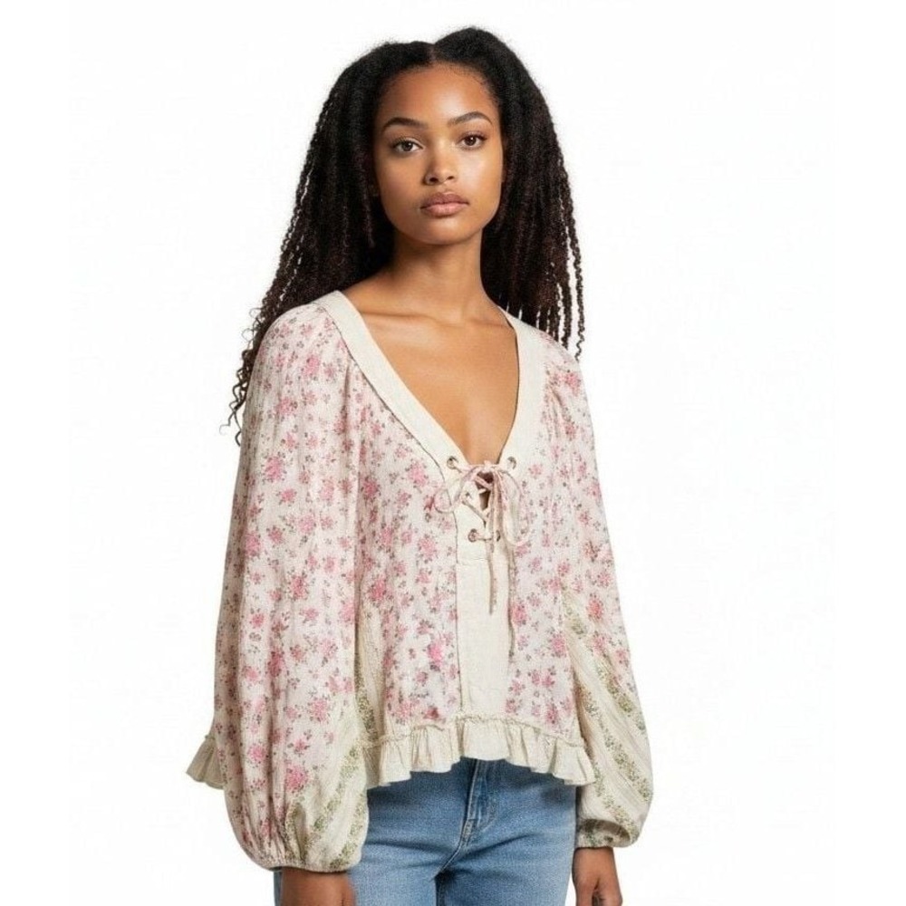 POL Floral Print Cotton Lace-Up Balloon Sleeve Blouse GWT448 Size S
